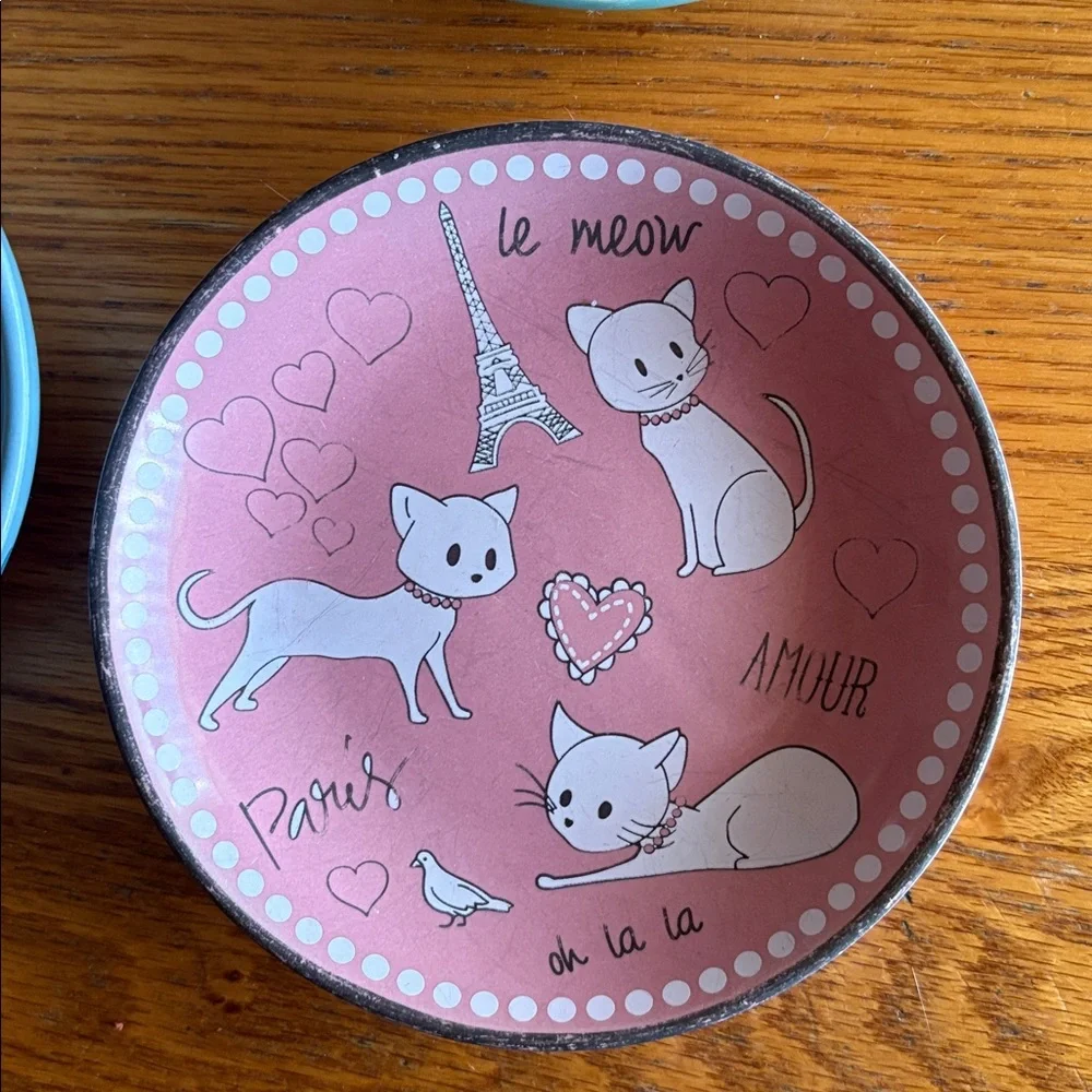Set/5 Good used condition Blue Ceramic Pet Bowls Set with 'MEOW' and 'WOOF'